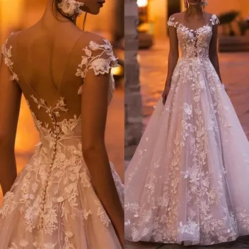A-Line düğün elbisesi 2022 Kapalı Omuz Backless Romantik Dantel Aplikler Plaj Boho gelin kıyafeti Vestido De Noiva 5