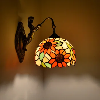 Akdeniz güneş çiçek vitray renkli cam E14 LED ampul duvar aplik lamba bronz demir duvar ışıkları fikstür