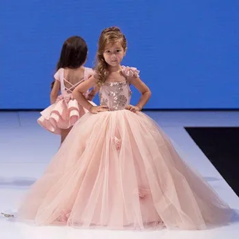 Allık Çiçek Kız Elbise Düğün İçin Balo Spagetti Kayışı Tül Pullu Uzun İlk Communion Elbise Küçük Kızlar İçin 11