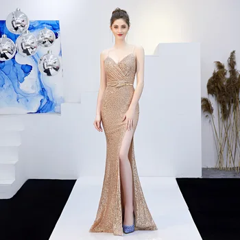 Altın Sequins Uzun Abiye 2022 V Boyun Yüksek Bölünmüş Seksi Yeni Moda Zarif Ünlü Resmi Bayan Elbisesi YSAN1556 9