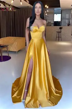 Altın Uzun Gece Elbisesi 2022 Saten Boncuklu Kristal Sevgiliye Straplez Bir Çizgi Uzun Ön Yarık Balo Örgün Parti Kıyafeti Custom made 18