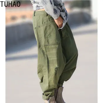 Artı Boyutu Kadın Çapraz pantolon Bahar Yaz Kadın Pantolon Katı Vintage Çapraz pantolon Rahat Gevşek Pantolon Kadınlar için LLJ 15