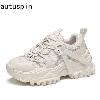 Autuspin 6cm İnek Deri rahat ayakkabılar Kadın İlkbahar / Sonbahar Moda Nefes Örgü Platformu Sneakers Kadın Yeni Stil Boyutu 35-40 17