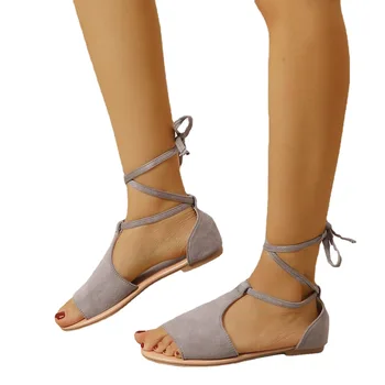 Avrupa Yaz Yeni Yuvarlak kafa bandı Roma Sandalet kadın Moda Çapraz bağlı Artı Boyutu Süet Rahat düz ayakkabı Kadın Sandalet 19