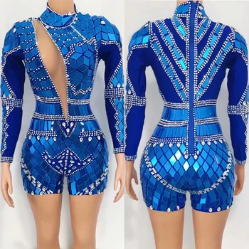 Aynalar Kostümleri Mavi Sequins Mesh Rhinestones Bodysuit Kadın Festivali Kıyafet Dj Ds Rave Giyim Sürükle Kraliçe Kostümleri XS5597 17
