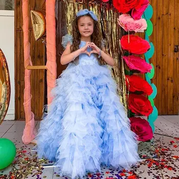 Açık Gökyüzü Mavi Ruffles Katmanlı Çiçek Kız Elbise Tüy Kollu Aplikler Küçük Çocuklar Pageant Elbise Çocuk İlk Communion Elbise 23