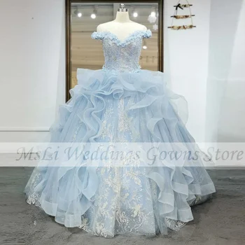 Açık Mavi Quinceanera Elbiseler 3D Çiçekler Boncuk Payetli Ruffles Doğum Günü Lüks Balo Elbise Vestidos De 15 Años Custom Made 19