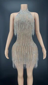 Backless Bling Sparkly Chill Doğum Günü Partisi Yaz Akşam kısa elbise Kadın Şarkıcı Sahne Giyim Vegas Showgirl Kıyafet 2022 Gümüş 15