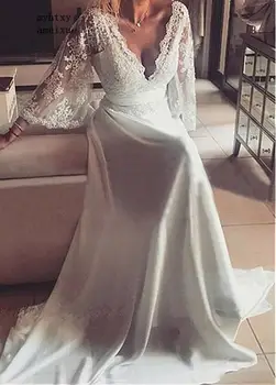 Backless Vestido De Noiva 2020 Ucuz düğün elbisesi 3/4 Kollu Şifon Dantel Plaj Boho Dubai Arapça gelinlik Gelin Çin 17