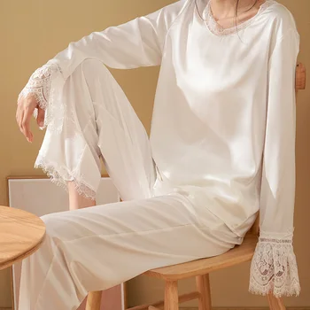 Bahar Bayanlar Pijama Uzun Kollu Buz İpek Loungewear Dantel Tatlı Loungewear Pantolon 2 parça Takım Elbise Beyaz Rahat Ev Giysileri 15