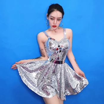 Bar Ds Kostüm Gece Kulübü Kadın Şarkıcı Gümüş Pullu askı elbise Gogo Dansçı Sahne Ayna Giyim Festivali Rave Kıyafetler DQL6645 2