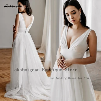 Basit Beyaz Tül Uzun Plaj düğün elbisesi 2022 Hochzeitskleid Dalma V boyun Beyaz Seksi Gelin Boho Gelinlikler Kolsuz 4