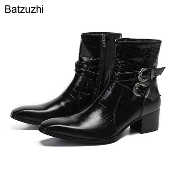 Batzuzhi Batı El Yapımı erkek Botları Ayakkabı Sivri Burun Siyah Hakiki Deri Çizmeler Tokaları ile Erkekler Şövalye, parti Botas Hombre
