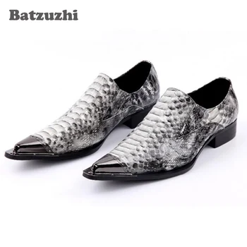 Batzuzhi Zapatos Hombre Sivri Burun Metal Ucu Gri Python El Yapımı Erkek Deri Elbise Ayakkabı Moda Kuaför Ayakkabı, boyutu 46