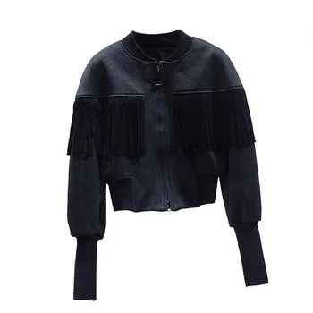 Bayan Bahar Vintage Bombacı Ceket Kısa Ince saten Beyzbol Ceket Püskül Streetwear Casual Dış Giyim chaqueta mujer QQ100 4