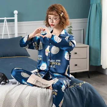 Bayan İpeksi Saten Pijama Pijama Seti Pijama Pijama Karikatür Pijama Takım Elbise Kadın Uyku İki Parçalı Set Loungewear Yenilik 18