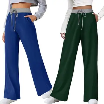 Bayan Moda Kontrast Renk Elastik Bel pantolon Streetwear spor pantolonları Patchwork Koşu için 4