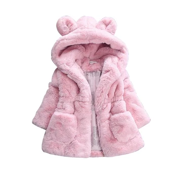 Bebek Kız Ceketler Kış Çocuk Faux Kürk Pembe Sevimli Kulak Kapşonlu Palto çocuk Giyim Sıcak Kalın Giysiler Kızlar için 4 6 7 Yıl
