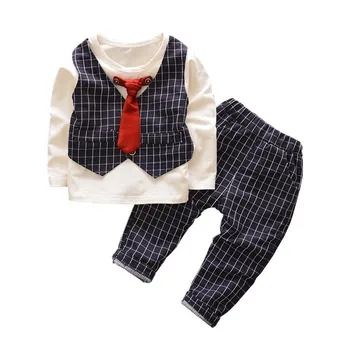 Bebek Kız Erkek pamuklu giysiler Takım Elbise Bahar Sonbahar Çocuk Ekose T Shirt Pantolon 2 adet / takım Toddler Moda Giyim Çocuklar Eşofman 8