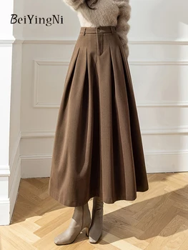 Beiyingni 90cm Maxi Etek Kadın 2022 Sonbahar Kış Yün Pilili Yüksek Bel Etekler Kadın Siyah Kalın Vintage A-line Faldas 23