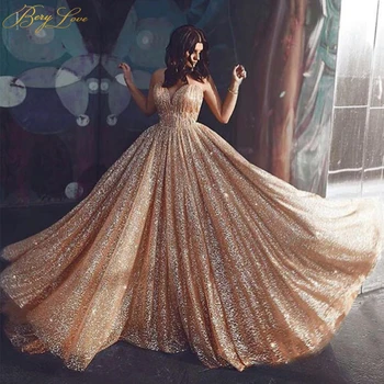 BeryLove Altın Glitter Akşam Elbise 2020 Uzun Kabarık Örgün Parti Kıyafeti SweetheartA hattı Balo Aç Geri Sequins Sparkle uzun elbise 16