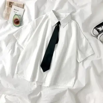 Beyaz Gömlek Kadın Kravat ile Japon Tarzı Tiki Öğrenciler BF Boy Bluz Basit Katı Gevşek Yaz Üst 2