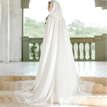 Beyaz İpek Gelin Pelerin Uzun Kapşonlu Düğün Pelerin Dantel Custom Made Gelin Bolero Düğün Şal Ceket