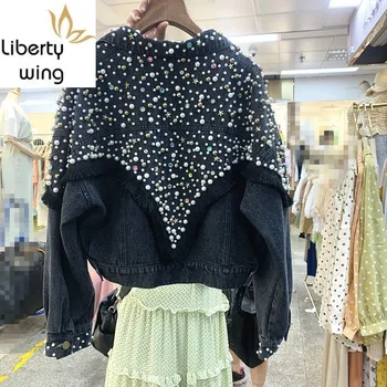 BF Tarzı Işlemeli Fişekleri Elmas Püskül Bayan Kısa Palto Kore Bahar Sonbahar Tek Göğüslü Gevşek Kadın Denim Ceketler 7