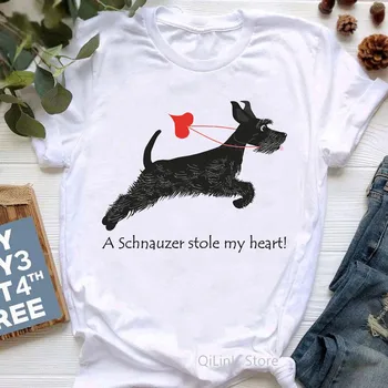 Bir Schnauzer Kalbimi Çaldı Komik Grafik T Shirt Kadın Yaz Beyaz Kısa Kollu günlük t-shirt Bayan Kız Üst Köpek Sevgilisi Hediye