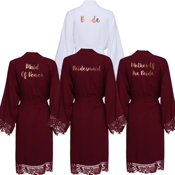 Bordo Katı Rayon Pamuk Kimono Elbiseler Dantel Elbise Kadınlar Düğün Gelin Elbise Bornoz Pijama Beyaz Gül Altın Baskı 3