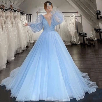 BridalAffair Balo Sky Blue Tül Balo Parti Elbise Uzun Puf Kollu Örgün Abiye giyim Derin V Yaka Pleats düğün elbisesi 5