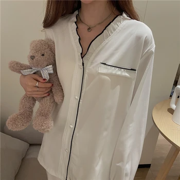 Buz İpek Bahar Pijama Seti Kadın Siyah Beyaz Ev Takım Elbise İki Parçalı Gömlek + Uzun pantolon Ruffles Tatlı Yaz Ev Tekstili Kore 9