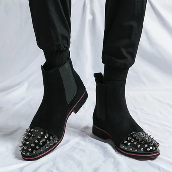 büyük boy erkek moda chelsea çizmeler marka tasarımcısı perçinler ayakkabı ınek süet deri çizme sahne gece kulübü elbise ayak bileği botas hombre 3