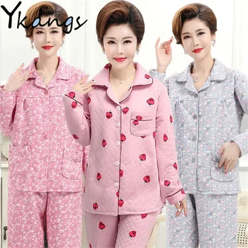 Büyük boy Uzun Kollu Kalın Sıcak Anne Pamuk Pijama Setleri Kış Pijama Takım Elbise Baskı Kadın Gecelik Zarif Ev Giysileri 12