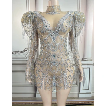 Büyük Kollu Örgü Kısa Elbise Sparkly Rhinestones Kadınlar için Akşam Balo Doğum Günü Elbise Şarkıcı Performans Gösterisi Sahne Giyim 10