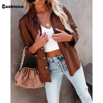 Cashiona Kadın Faux Pu deri ceketler Kızlar Streetwear 2021 Tek Göğüslü Üst Giyim Punk Tarzı Moda Ceket Kahverengi 2