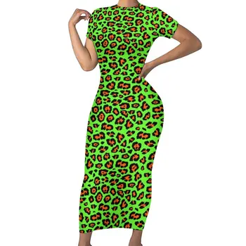 Cheetah Hayvan Elbise Kısa Kollu Leon Yeşil Leopar Moda Maxi Elbiseler Zarif Bodycon Elbise Bayan Özel Büyük Boy Vestidos 15