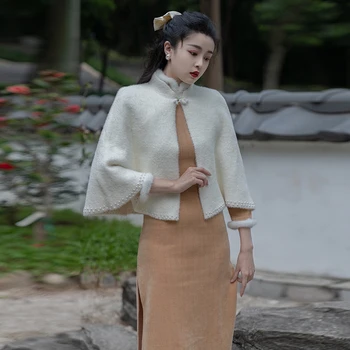 Cheongsam Zarif Kıyafetler Kadın Retro Kış Elbise Seti Vizon Polar Boncuklu Kazak Pelerin Şal + Baskı Peluş Patchwork Qipao Elbise 20