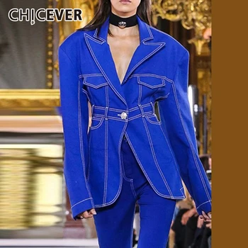 CHICEVER Mavi Denim Casual Blazer Kadınlar İçin Çentikli Uzun Kollu Patchwork Tek Düğme Cepler Düz Blazers Kadın 2021 Yeni 14