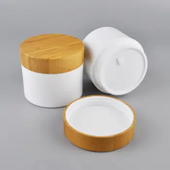 Cilt bakım kremi banyo tuzu kapları 30ml 50ml 100ml 150ml 250ml pp beyaz plastik kozmetik krem kavanoz bambu kapaklı gravür