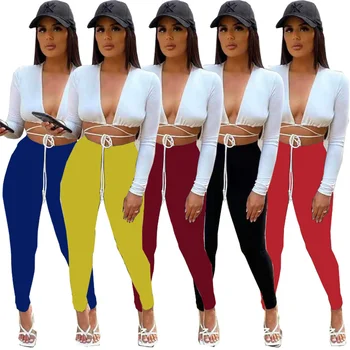 Dar Seksi İki Parçalı Setleri Saf Renk Sonbahar Hırka Dantel-up Üstleri Sokak Giyim Pantolon Takım Elbise Kadın Toptan Dropshipping 19