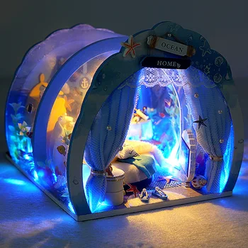 DIY Dollhouse led ışık Okyanus ev Ahşap minyatür bebek evi Mobilya Takımı ıniaturas Oyuncaklar villa ev dekor noel hediyesi 17