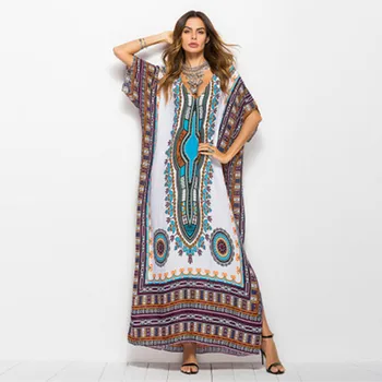 Dubai Maxi Kaftan Kadın Moda Müslüman Elbise Baskı Vintage Kadın Plaj Yaz Elbise Büyük Boy Arabes çarşaf islami Giyim 16