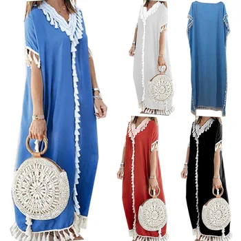 Dubai Türkiye Müslüman Kaftan Abaya Elbise Kadınlar Boho Yaz Püskül Fas Kaftan Sundress İslam Giyim moda Musulman