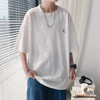 Düz Büyük Boy T Shirt Yaz Pamuk Erkekler Gevşek Rahat Yaşam Tarzı Giyim Ay işlemeli tişört Erkek Streetwear Hip-Hop Tops