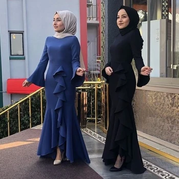 Düz Renk Ruffled Fishtail Moda Çanta Kalça Uzun Mizaç Elbise Müslüman Elbise Kadınlar Ücretsiz Kargo Abaya Kimono 9