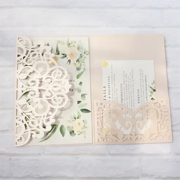 Düğün davetiyeleri 50 adet lacivert beyaz çıplak pembe lazer kesim çiçek tasarım özelleştirilmiş baskı 8