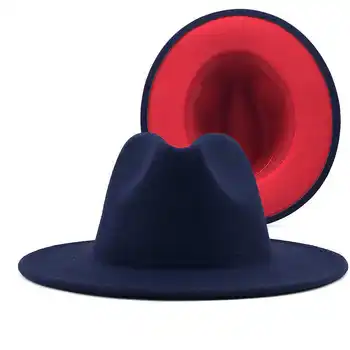 Dış Donanma Unisex ve kırmızı İç Kırmızı Yün Keçe Caz fötr şapkalar İnce Kemer Tokası ile Erkekler Kadınlar Geniş Brim Panama Fötr Kap L XL 5