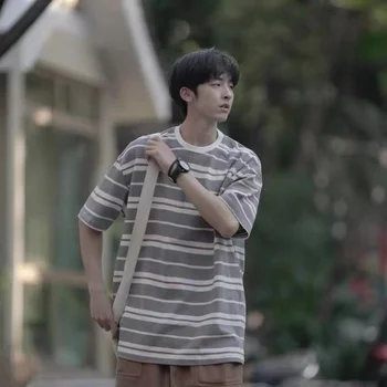 EBAIHUI erkek Pamuk Çizgili T-shirt Yaz Kore Kısa kollu Büyük Boy Tee Gömlek Casual Öğrenci Çift tişört Üst Erkek 3