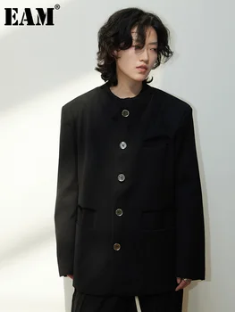 [EEM] Kadınlar Siyah Düğme Kısa Büyük Boy Blazer Yeni Yaka Uzun Kollu Gevşek Fit Ceket Moda Gelgit Bahar Sonbahar 2023 1DF3667 7